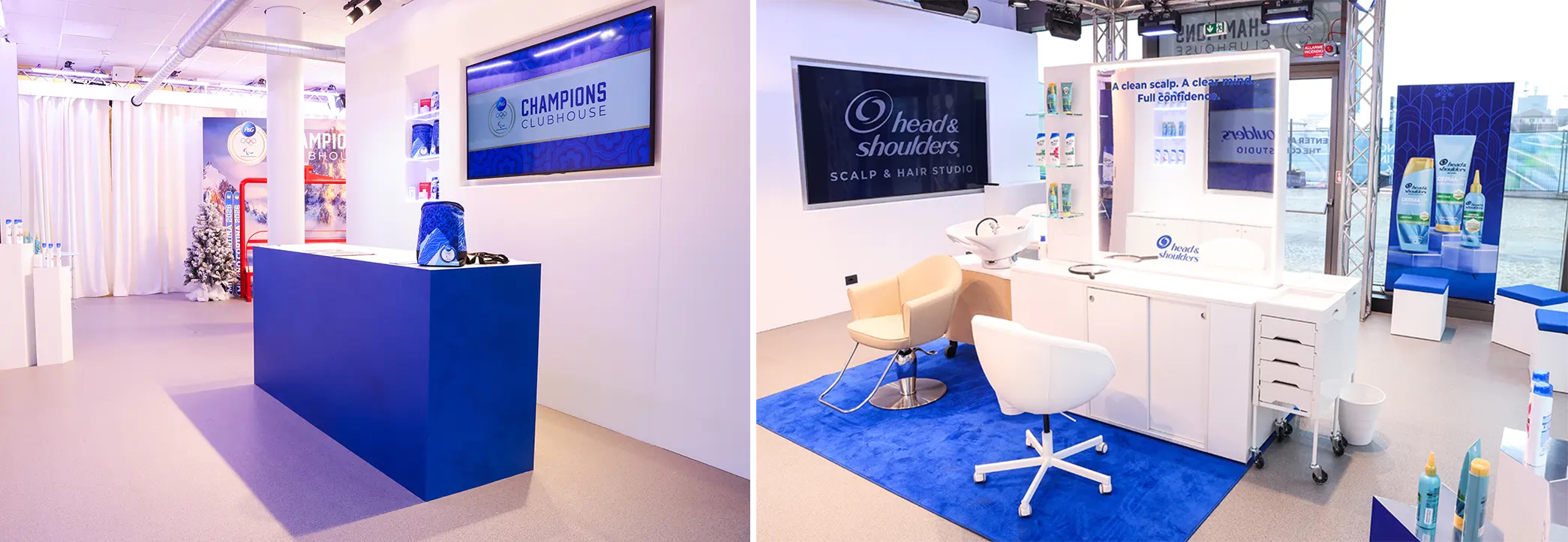 Interior views of P&G&rsquo;s Champions Clubhouse at the Milano Cortina 2026 Winter Games, featuring a Head & Shoulders hair studio setup with salon chairs and product displays alongside a blue welcome desk and Champions Clubhouse signage inside the Olympic and Paralympic Village.